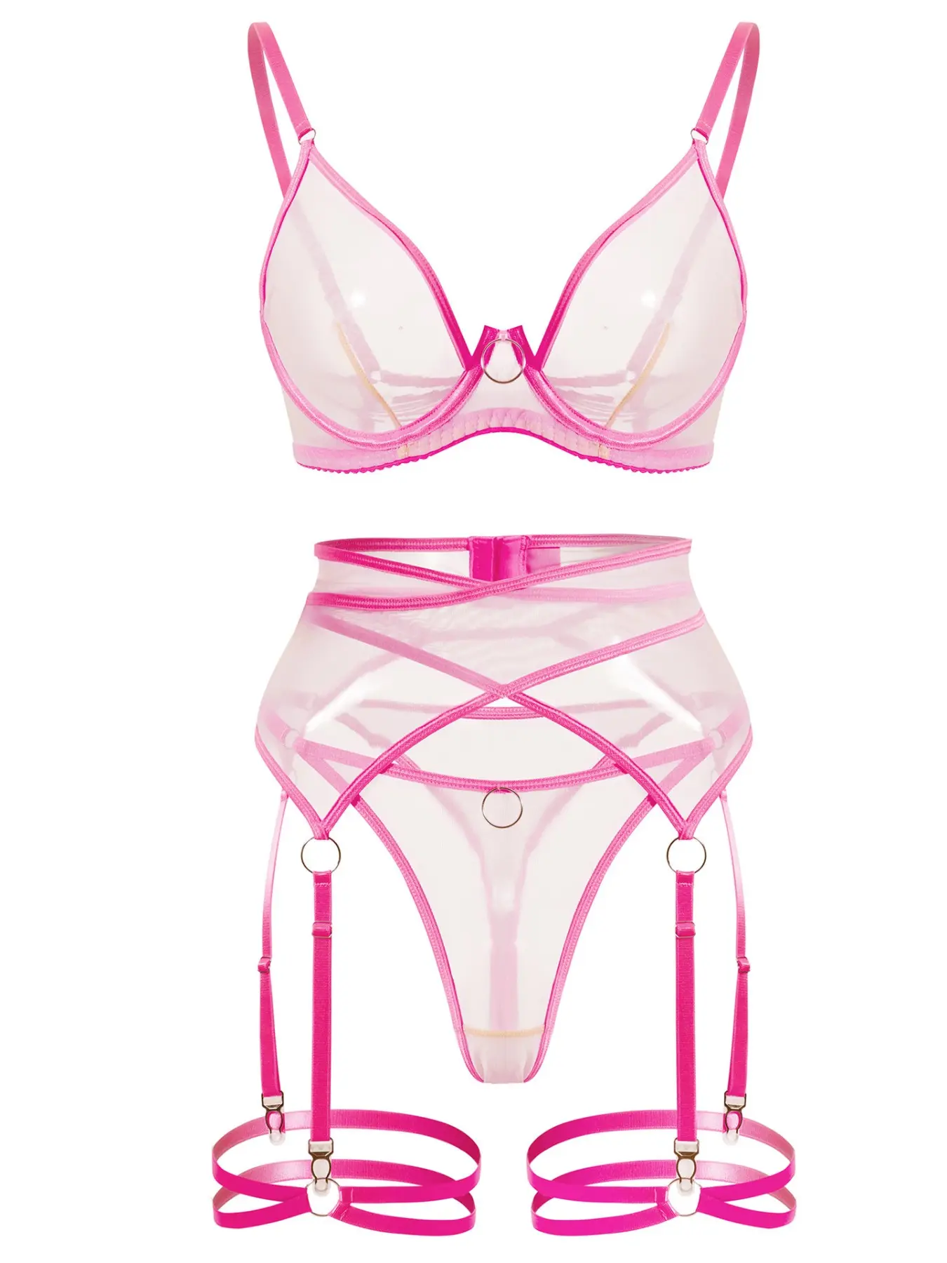 Noir Bondage Fantasy: Sheer Mesh Strappy Buckle Lingerie Set for Bold At-Home Evenings