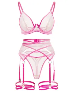 Noir Bondage Fantasy: Sheer Mesh Strappy Lingerie Set for Bold At-Home Evenings