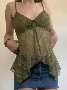 Lace Tie Front V Neck a Line Spaghetti Strap Tank Top Y2K Transparent Backless Cute Girl Spring Summer Vacation Beach Vest Women