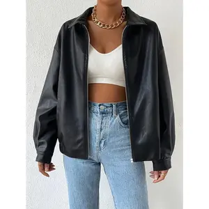 Full Zip Drop Shoulder Solid Jacket, Casual Long Sleeve Lapel PU Leather Jacket, Women's Clothing