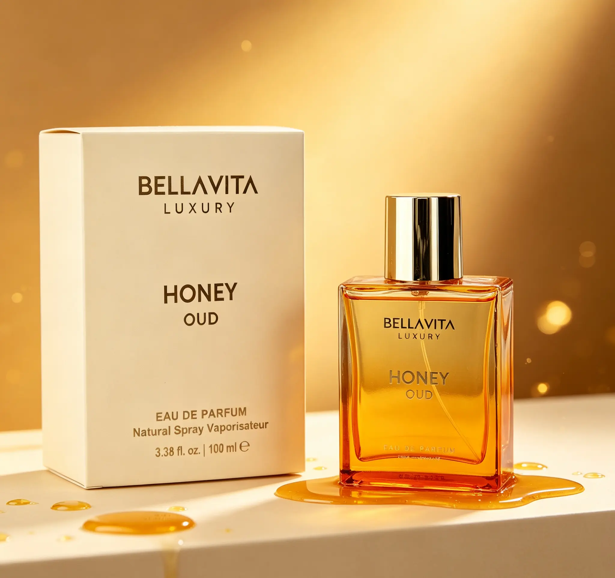 BellaVita Honey Oud Luxury Perfume 3.4oz, Vegan Cruelty Free Formula, Warm Honey Oud Blend with Bergamot Patchouli Vanilla, Unisex Eau de Parfum for Daily Wear