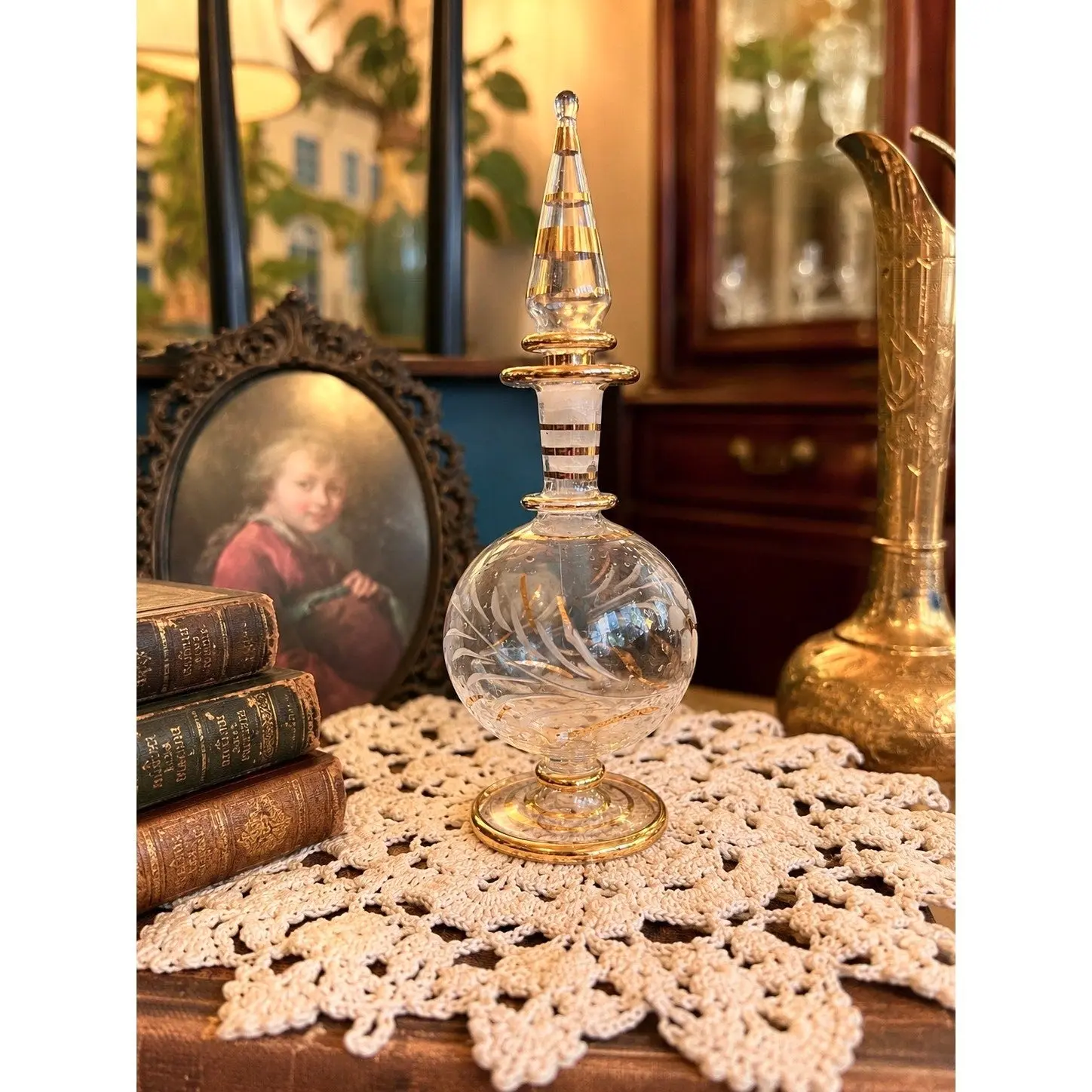 Vintage Handblown Perfume Bottle with Gold Accents