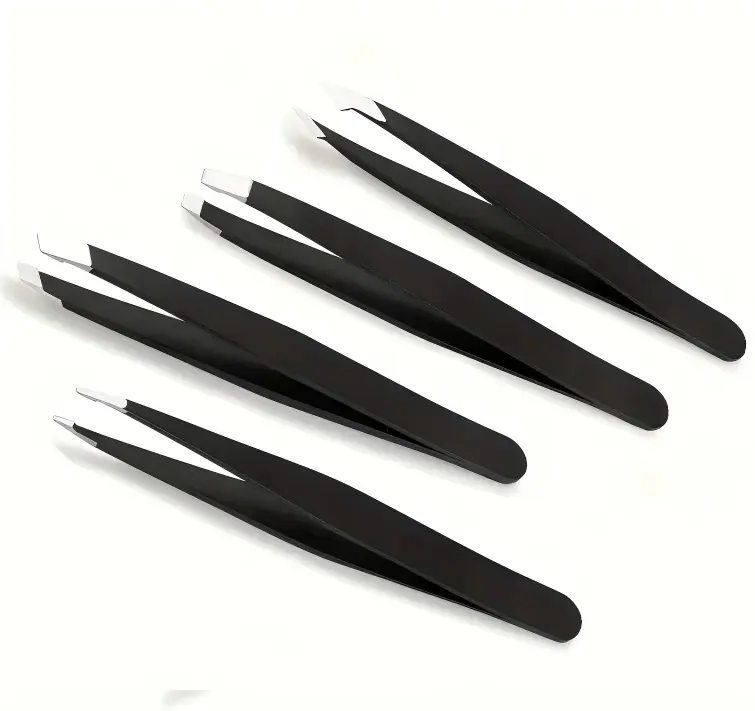 4-Piece Stainless Steel Tweezers Set, Precision Cosmetic Grooming Kit for Eyebrows, Facial Hair, and Ingrown Hair Removal with Travel Case for Women and Men