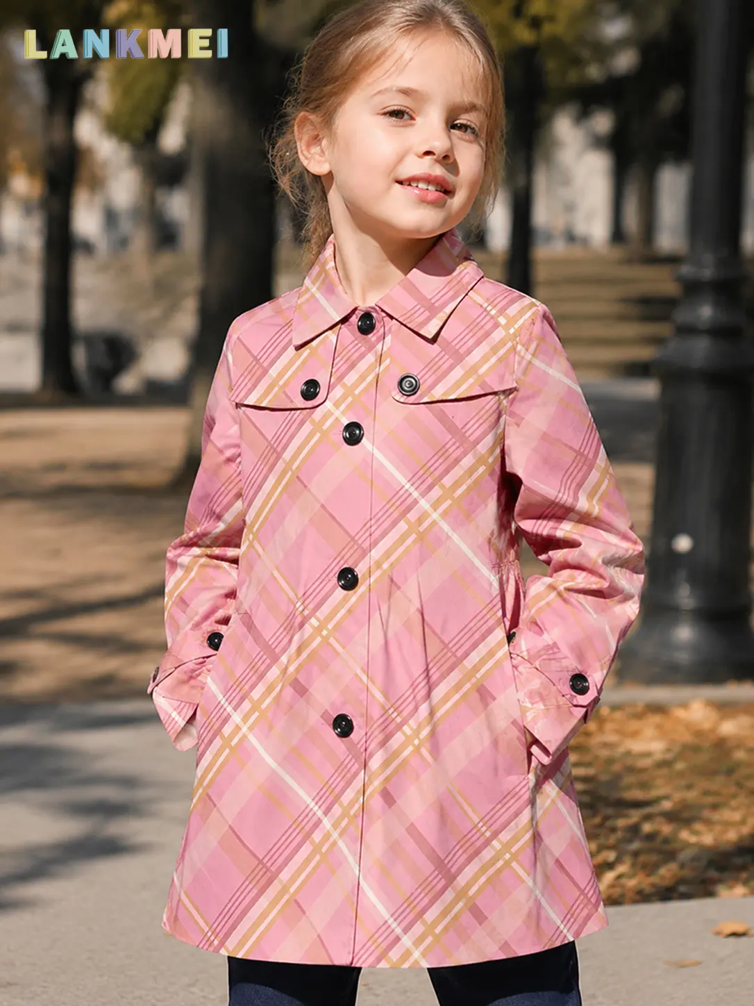 LANKMEI Girls' Pink Plaid Trench Coat - Long Sleeve, Black Buttons, Functional Pockets, Casual Fall & Winter Kids' Outerwear campingessentials