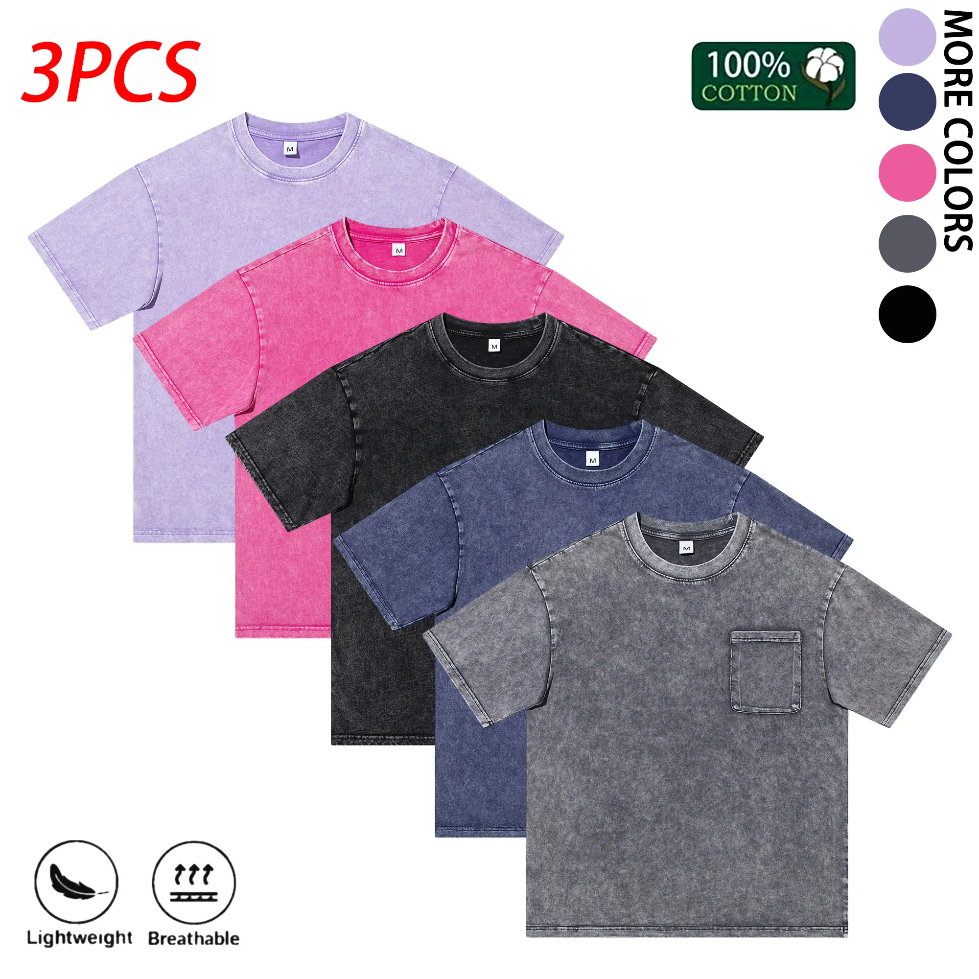 3-Pack Men’s Double-Stitch Washed Work T-Shirts, 100% Cotton, Durable Crew Neck Short Sleeve Tops with Functional Chest Patch Pocket, Heavyweight Retro Casual Shirts Suitable for Yard Work, Construction Sites, Daily Errands, and Outdoor Activities