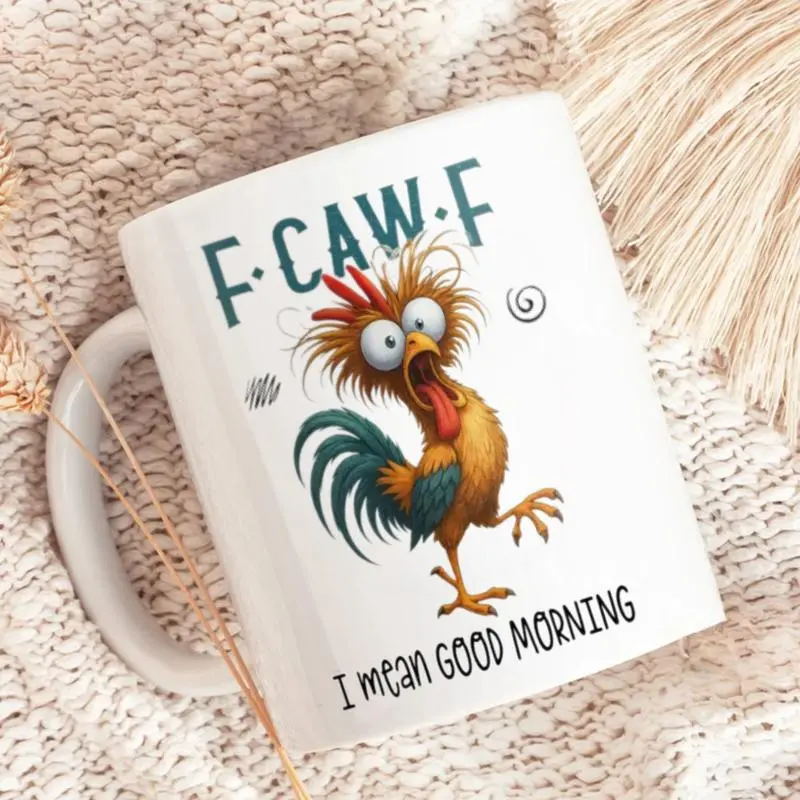 15 oz Ceramic Coffee Cup - Funny F-Caw-F Rooster Animal Print, Inappropriate Sarcastic Quote, Reusable Ceramic Drinkware Gag Gift for Friends, Kitchenware