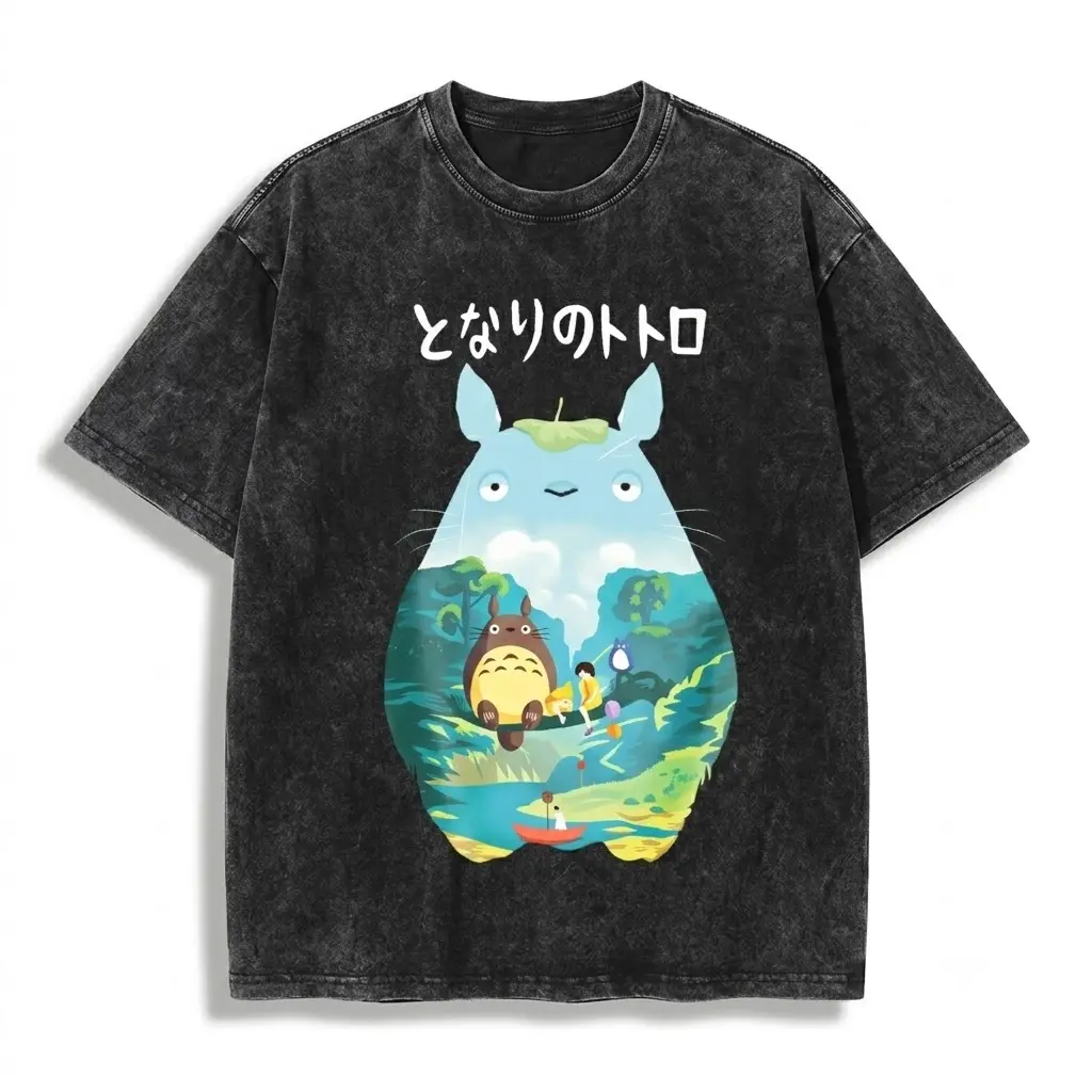 Vintage Acid Wash Totoro Inspired Graphic T-Shirt, Studio Ghibli Anime Oversized Streetwear Tee, Retro Forest Cartoon Casual Top Menswear Man Tshirt Crewneck Tropical