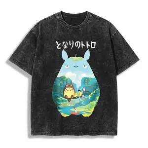 Vintage Acid Wash Totoro Inspired Graphic T-Shirt, Studio Ghibli Anime Oversized Streetwear Tee, Retro Forest Cartoon Casual Top Menswear Man Tshirt Crewneck Tropical