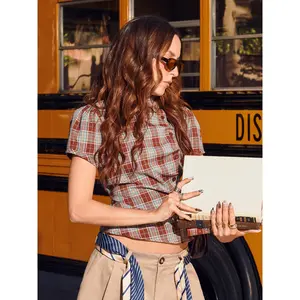 Cider Plaid Stand Collar Puff Sleeve Tie Back Button Blouse