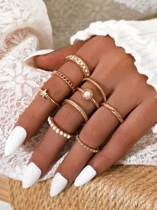 Style Faux Pearl Rhinestone Star Ring Set, Star and Artificial Pearl Design, 9 Piece Elegant Jewelry Series, Unique Fashion Accessory, Stackable Rings