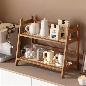 2 Tier Brown Coffee Station Organizer, Countertop Mug Holder, Kitchen Counter Shelf for Tea Coffee Bar Accessories, Cup Display Condiment Storage Rack