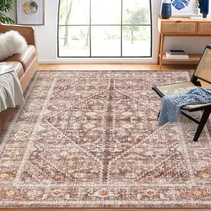 【GARVEE】Vintage Area Rug 5x7 - Washable, Foldable, Non-Skid Low-Pile Accent Carpet with Distressed Oriental Print, Non-Shedding Thin Floor Mat for Bedroom and Entryway, Beige