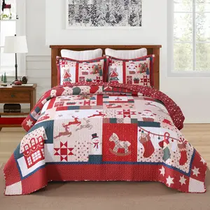 Vintage Christmas 2/3-PC Patchwork Quilt Set | Reversible Folk Art Holiday Bedspread, Traditional Patchwork Design for Cozy Seasonal Decor