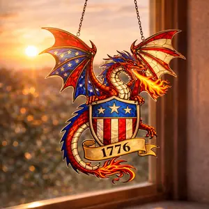 1776 Patriotic Dragon Suncatcher Acrylic Window Hanging – American Shield Stained Glass Style Dragon Ornament, Double-Sided Printed Home Decor Gift, America 250 Gift, America 250 Decor