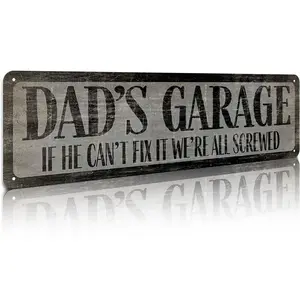 Aluminium Wall Art Plaque - "Dad's Garage If He Can't Fix It We're All Screwed" Shabby Chic Decor for Man Cave, Garage, 4x16in Room Decor, Gifting Option for Dad (Father's Day, Birthday)