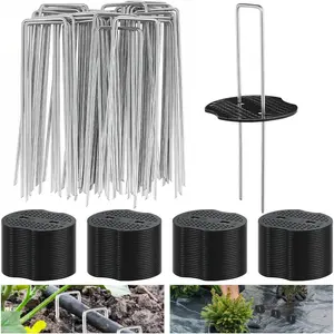 200 Packs Stakes 6 inch Landscape Pins Lawn 100Pcs U Galvanized Ground Stakes Landscaping Pins with 100Pcs Gasket for Weed Barrier Plant Cover Decorations