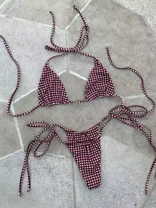 Ladies' Checkered Halter Neck Lace-Up Tie Side Bikini, Sexy Two-Piece Set, Beach Vacation, Birthday Gift, Gym Wear