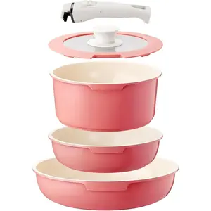 IKTU Ceramic Pots and Pans Set Non Stick Pink, 5Pcs Nonstick Cookware Set with Detachable Handle RV Camping Induction Kitchen Cookware Set Non Stick, PFAS PFOA & PTFE Free