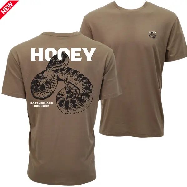 Hooey Rattlesnake T-Shirt, Coiled Diamondback Snake with Bold Lettering, Vintage Roundup Illustration, Outdoor Graphic Tee, Casual Shirt for Men Women