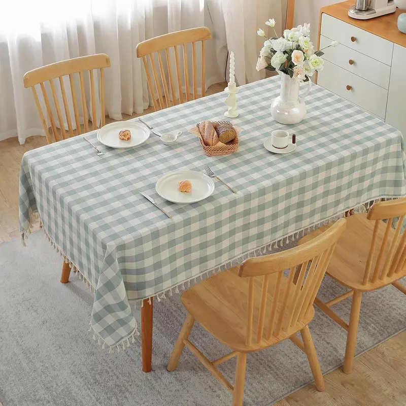 Checkered Tablecloth Rectangle Cotton Linen Fabric Gingham Table Cloth Buffalo Plaid Table Cover with Tassel Wrinkle Free Washable for Kitchen Dining Picnic, Blue and White, 55X55''