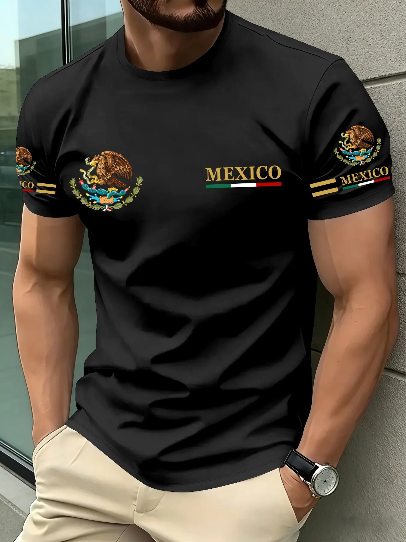 Men's Mexican-Themed Patriotic Short-Sleeve T-Shirt with Vintage Emblem Print, Loose-Fit Breathable Summer Sports Tee for Athletic Streetwear, Casual Sportswear, Casual Athletic Style