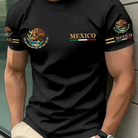 Men's Mexican-Themed Patriotic Short-Sleeve T-Shirt with Vintage Emblem Print, Loose-Fit Breathable Summer Sports Tee for Athletic Streetwear, Casual Sportswear, Casual Athletic Style, Athletic Fashion Tops