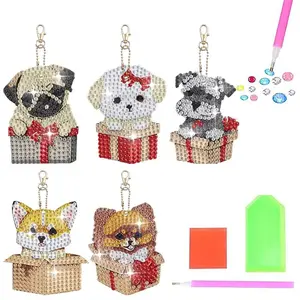 Cute Dog Design Diamond Arts Colorful Painting Keychain, 5 Counts/set DIY Diamond Art Keychain, DIY Diamond Art Supplies, Diamond Painting Kits