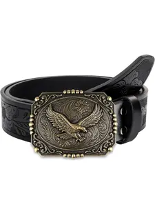 Western Retro Eagle Buckle PU Belt, Floral Longhorn Bull Embossed Cowboy Waistband, Unisex Daily Wear, Halloween Costume Accessory, Belt With Buckle