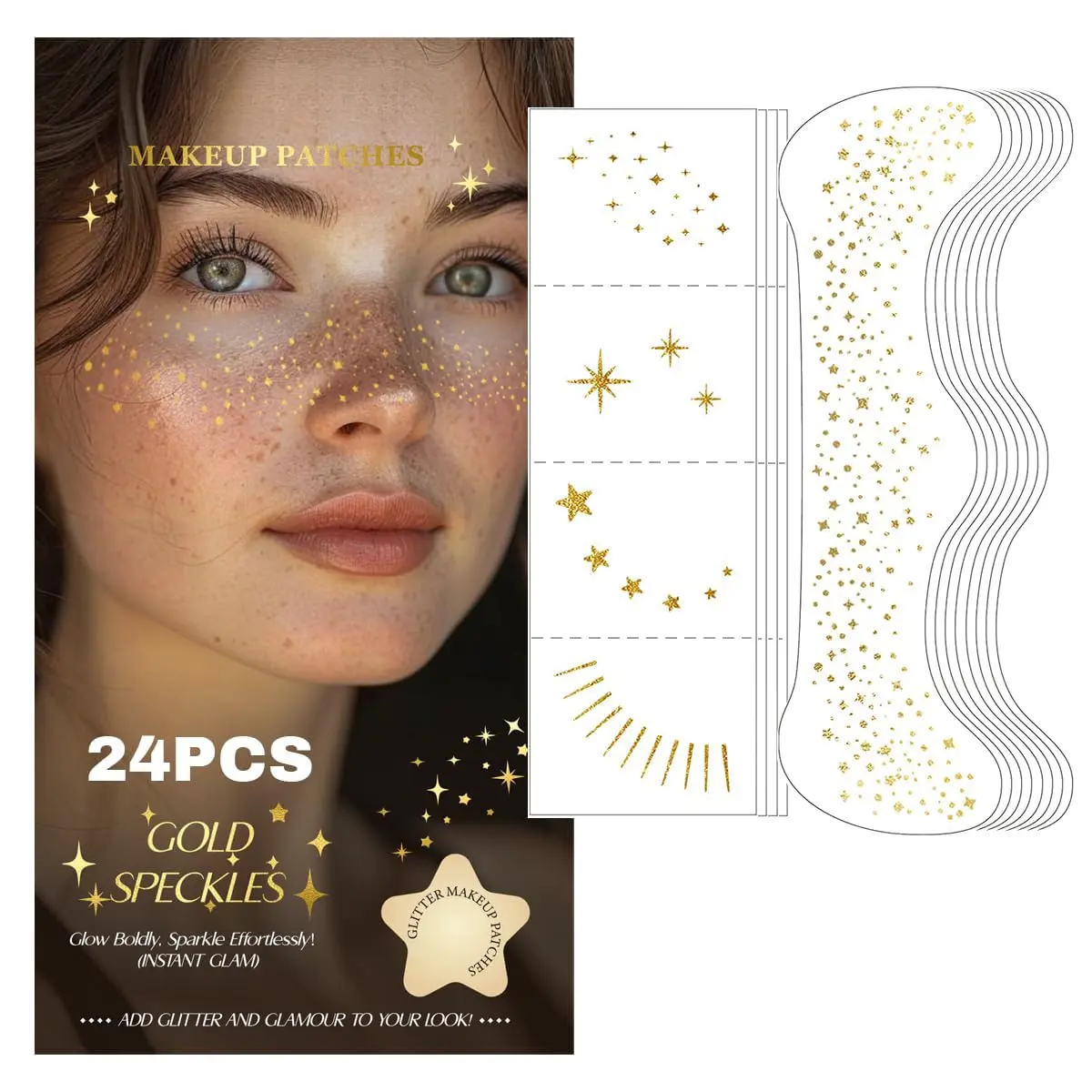 Temporary Face Tattoos, 24 PCS Gold Glitter Freckle & Star Patches, Waterproof & Long Lasting Makeup Accessory for Special Occasions, Halloween, Birthday, Glamorous, Solid, All Skin Types, New Year's, Apply Easily, Fashion, Multi-Pack