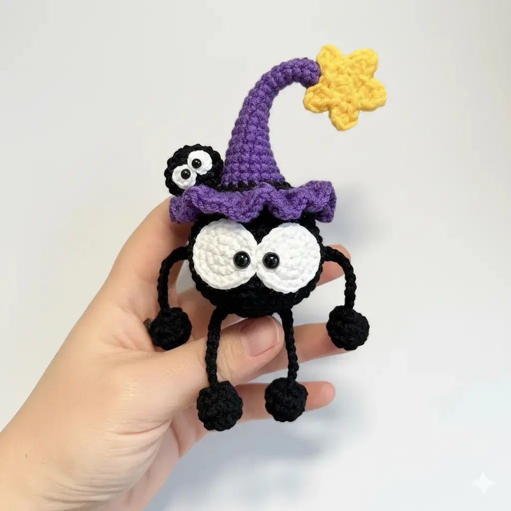 Witch Hat Coal Ball Crochet Plush, Spooky Halloween Amigurumi, Cute Black Soot Sprite Doll, Witchy Crochet Halloween Gift
