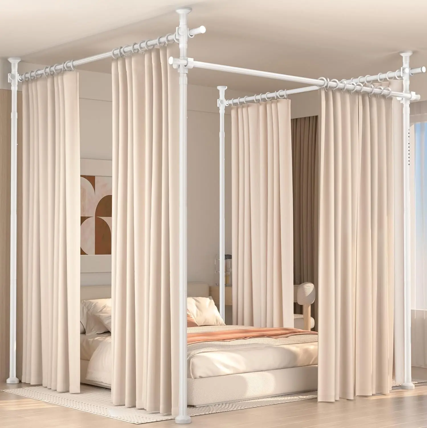 Room Divider for Room Separation, 4-10ft(H) 28-209inch(W) Adjustable Temporary Privacy Wall Divider, Tension Curtain Rods No Drilling, Heavy Duty Partition Space Separator Freestanding, White