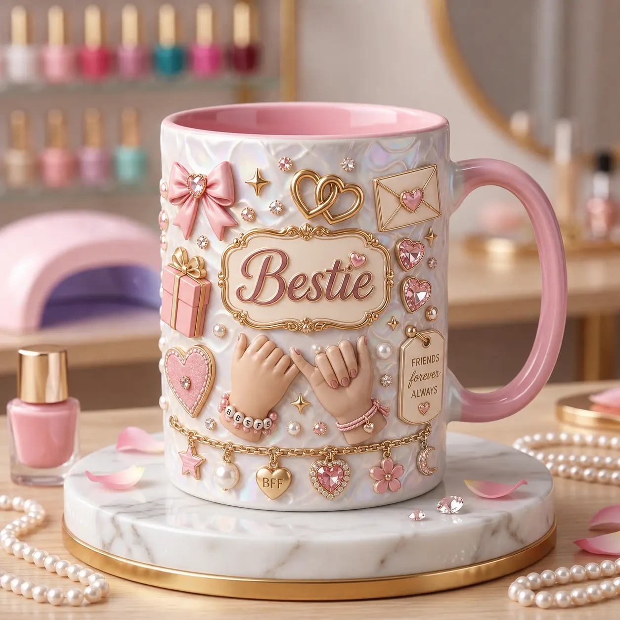 Personalized Bestie Mug, 2D Printed 3D Effect Pink Friendship Pinky Promise Ceramic Coffee Cup with Custom Name, Cute Best Friends Mug for Sisters and Besties, Perfect Birthday Appreciation Souvenir Gift Idea