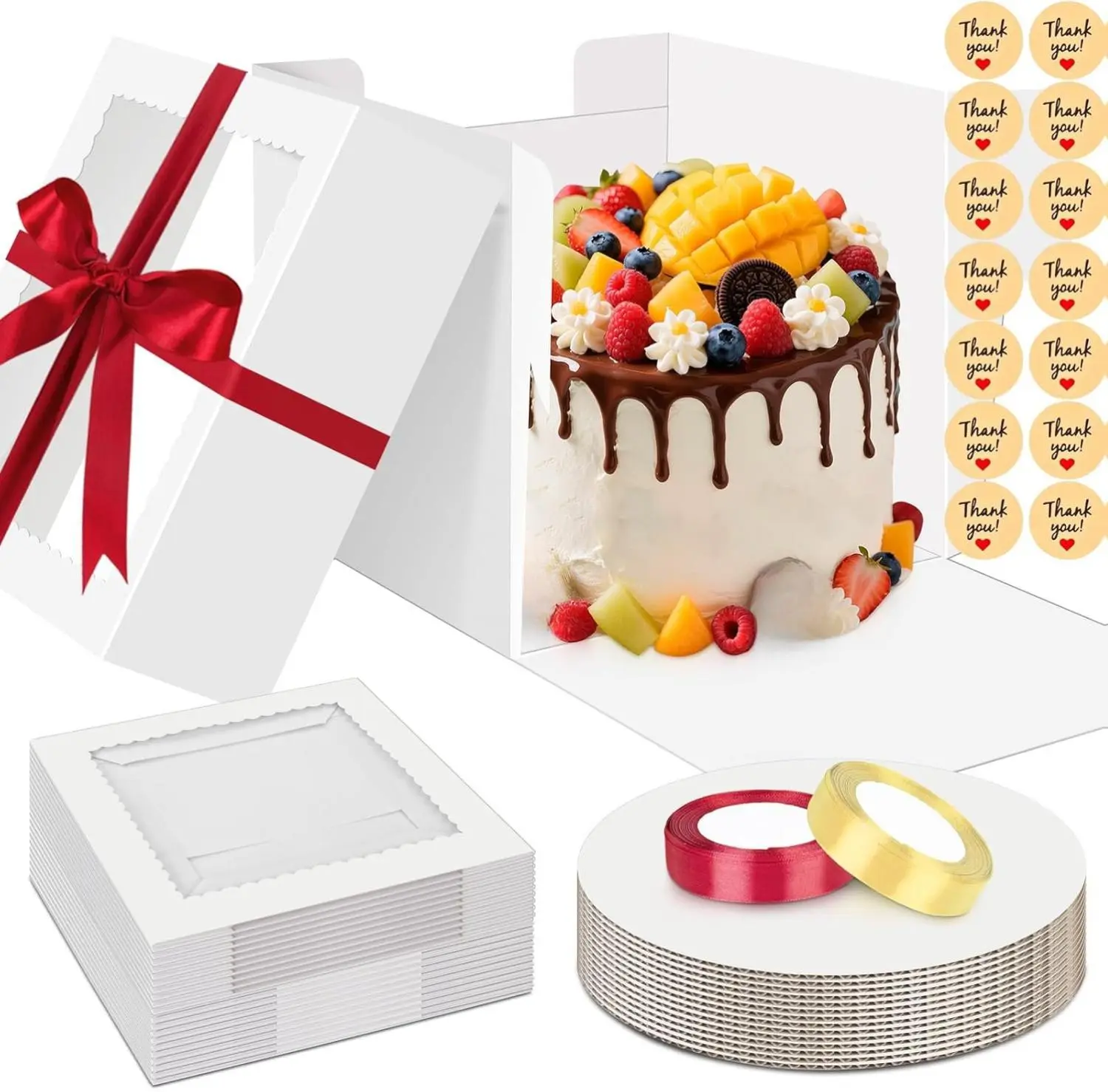 Cake Boxes with Window, Cake Boxes 10 inch Tall with Cakes Box Ribbon Stickers, 10in Disposable Carry Bakery Containers Cajas Para Pasteles for Pies Party Wedding Gift Giving