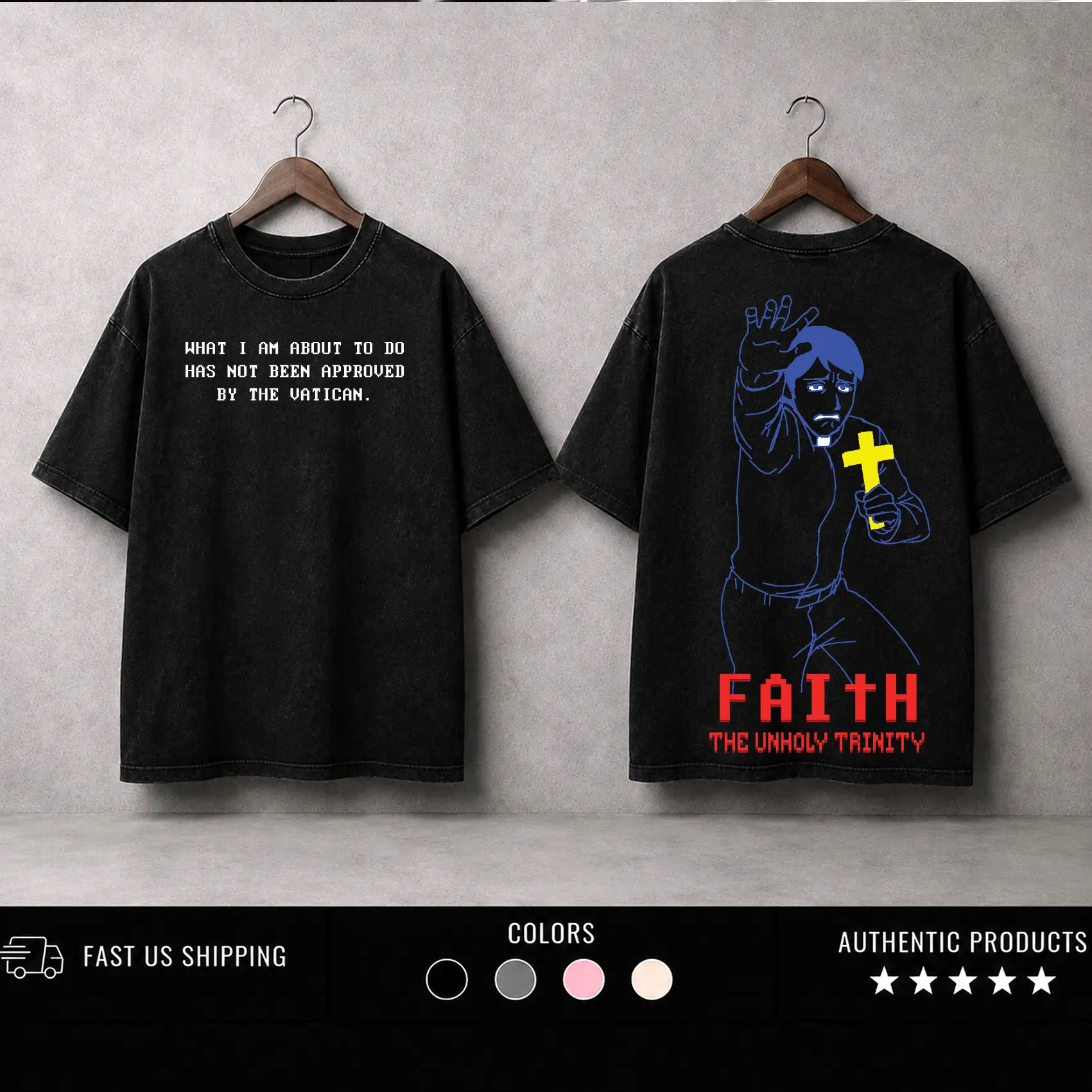 FAITH The Unholy Trinity Horror Game T-Shirt – Vintage Washed Pixel Exorcist Tee Heavyweight Cotton Unisex T-Shirt, Retro 8-Bit Horror Graphic, Dark Gothic Streetwear, Washed Black Oversized Tee, Menswear Gift for Horror Game Fans