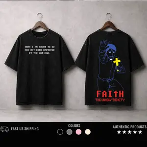 FAITH The Unholy Trinity Horror Game T-Shirt – Vintage Washed Pixel Exorcist Tee Heavyweight Cotton Unisex T-Shirt, Retro 8-Bit Horror Graphic, Dark Gothic Streetwear, Washed Black Oversized Tee, Menswear Gift for Horror Game Fans