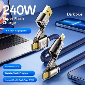 Navy Blue 4-in-1 Braided Fast Charging Cable, 240W USB-C PD Long Bend-Resistant Cord for Apple Lightning, Android Type-C Devices, Smartphone, Electronic (Mobile Phones, Laptops, Tablets) | tiktokshop springglowup charge cable
