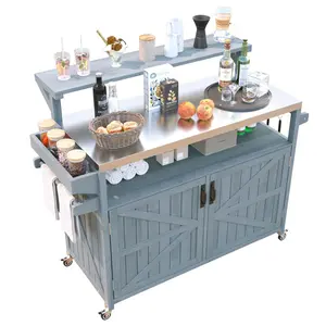 Outdoor Wooden BBQ Grill Cart Console with 1.2in Smooth 201 Stainless Steel Top, Magnetic Raised Shelf, 4 Lockable Wheels, Adjustable Removable Shelves, Large Storage, Hanging Spice & Towel Racks, Organizer Island