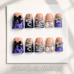 Press on Nails, Short Duck Bill Nails, Nude Purple Black Animal Print French Tips, Y2K Punk 3D Bow Flower Rhinestone Snake Skull Star Charms, 10pcs Handcrafted Fake Nails for Women
