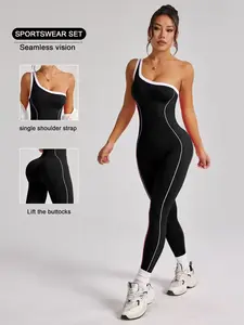 Asymmetric One Shoulder Contrast Trim Seamless Jumpsuit, Slim Fit Tummy Control Long Leg Workout Bodysuit, 4-Way Stretch Sporty Active Romper for Yoga Training Streetwear