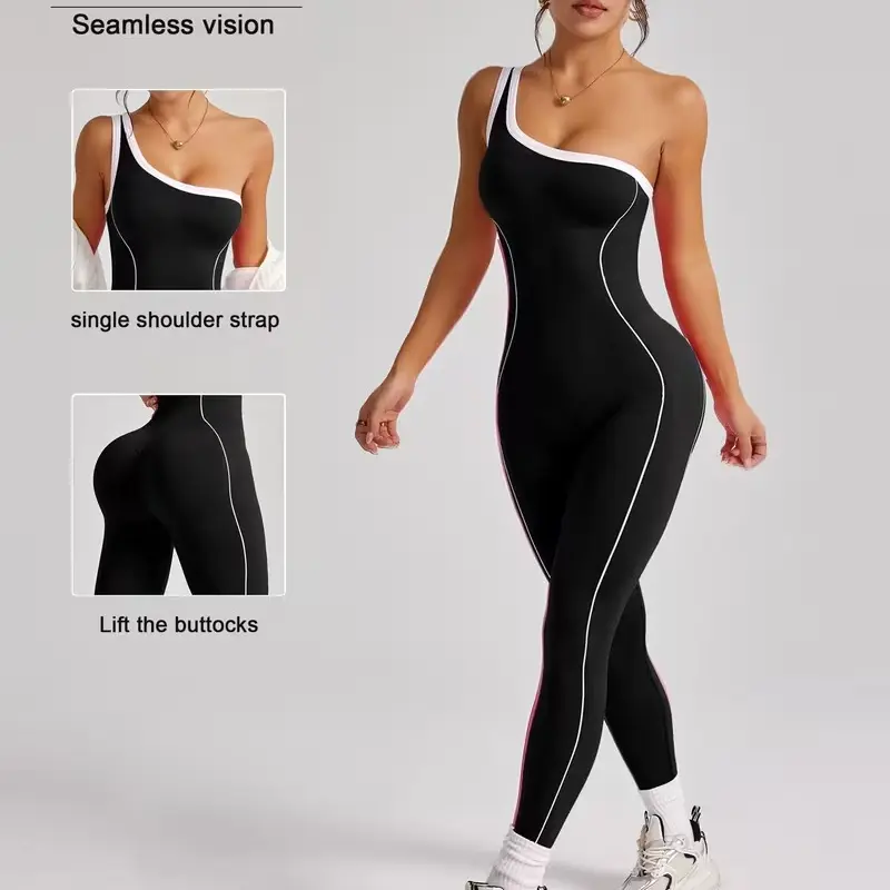 Women's Knitted Yoga Jumpsuit - 1-Shoulder Contrast Piping Ribbed Seamless Sculpting Bodysuit, Slim-Fit Tummy Compression 4-Way Stretch Elasticity Workout Jumpsuit for Pilates, Gym Clothes