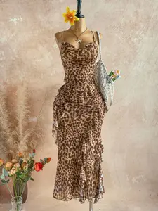 Women's Leopard Floral Ruffle Dress | Draped Neck Vintage Maxi Dress | Elegant Vacation Summer Outfit