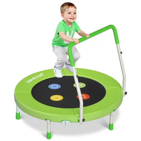 Joyspot 3FT Toddler Trampoline with Adjustable Handlebar, 36" Foldable & Spring-Free, Mini Kids Indoor Outdoor Trampoline for Ages 1-6, Noiseless Jumping Mat, Safe & Sturdy Design, Supports Up to 100 lbs, Rubber, Sports