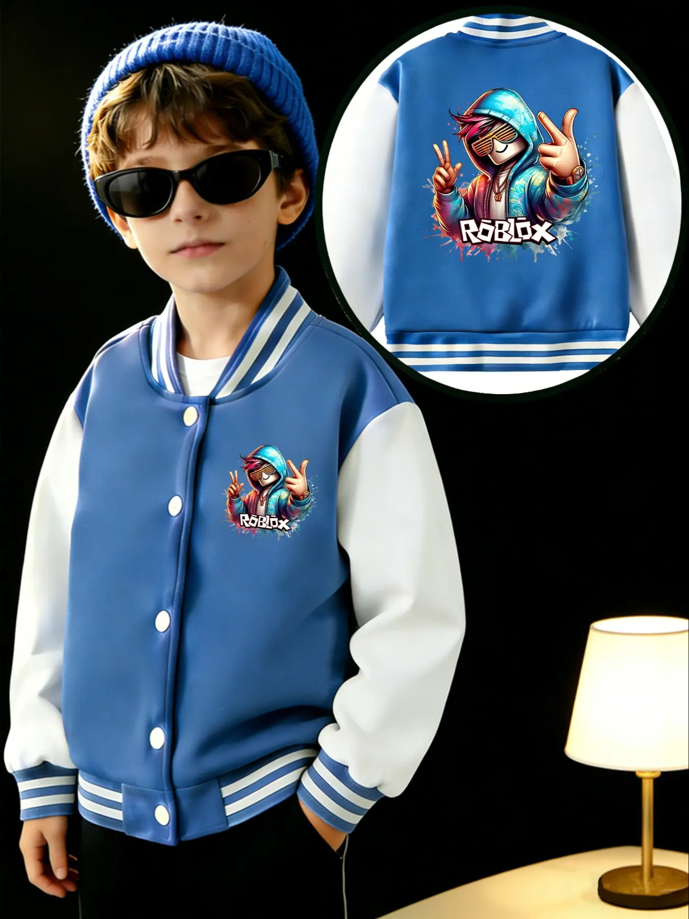 Roblox Boys Short Baseball Jacket Coat, Casual Sports School Uniform, Letter Pattern Design, Elastic Fabric, Kids Outdoor Indoor Activities, Letter Print Jacket, Casual Jackets