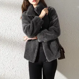 Women’s fashionable double-sided fleece-lined coat/cardigan with a warm vertical collar and zipper—thickened for winter warmth