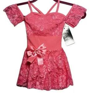 Theatricals Lace Dance Ballet Leotard Dress off  Shoulder Sleeves Bow dancewear Child XS pink purple Sequins Tassel