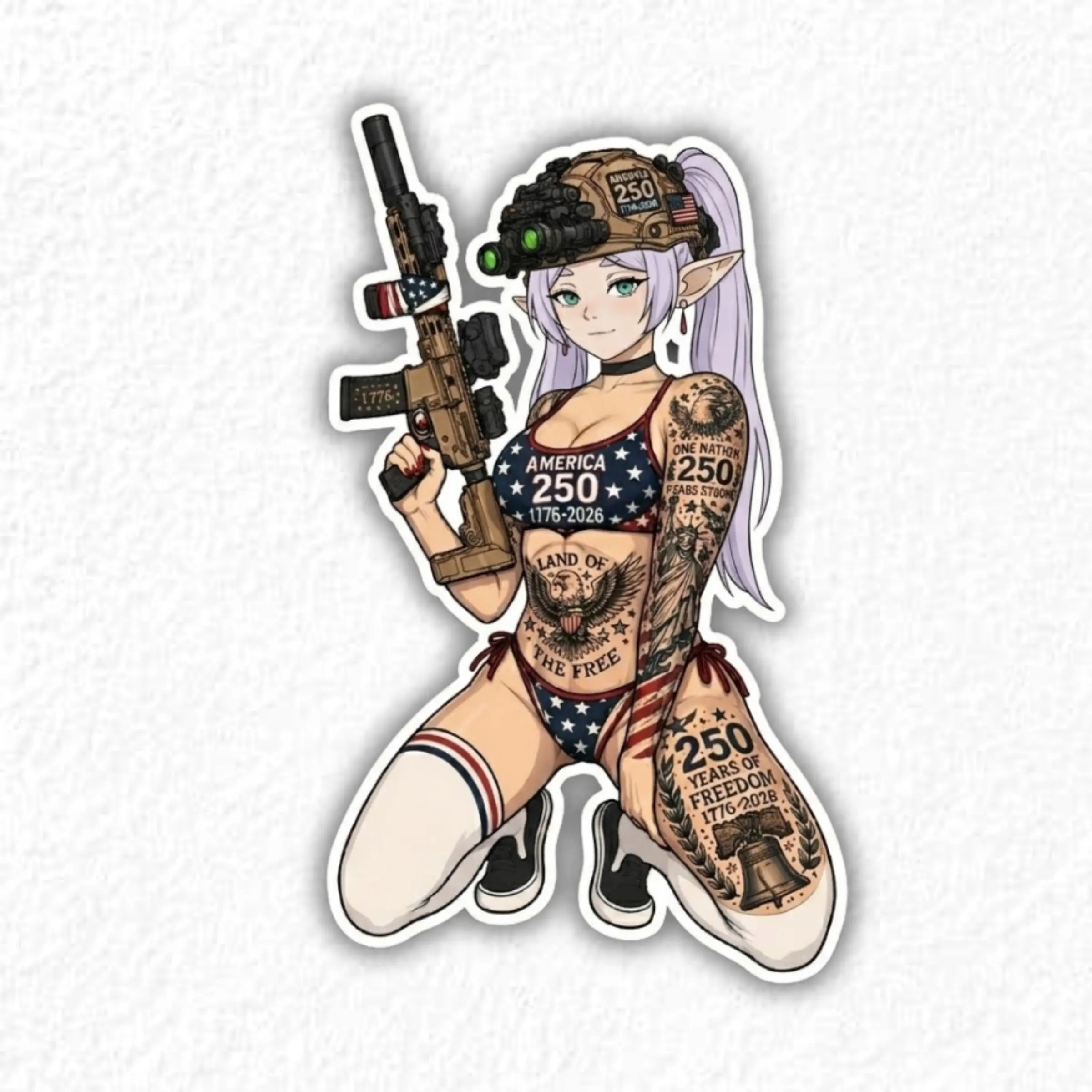 Patriotic Tactical Frieren Sticker – 250 Years of American Freedom Vinyl Decal, Patriotic Anime USA Heritage Art