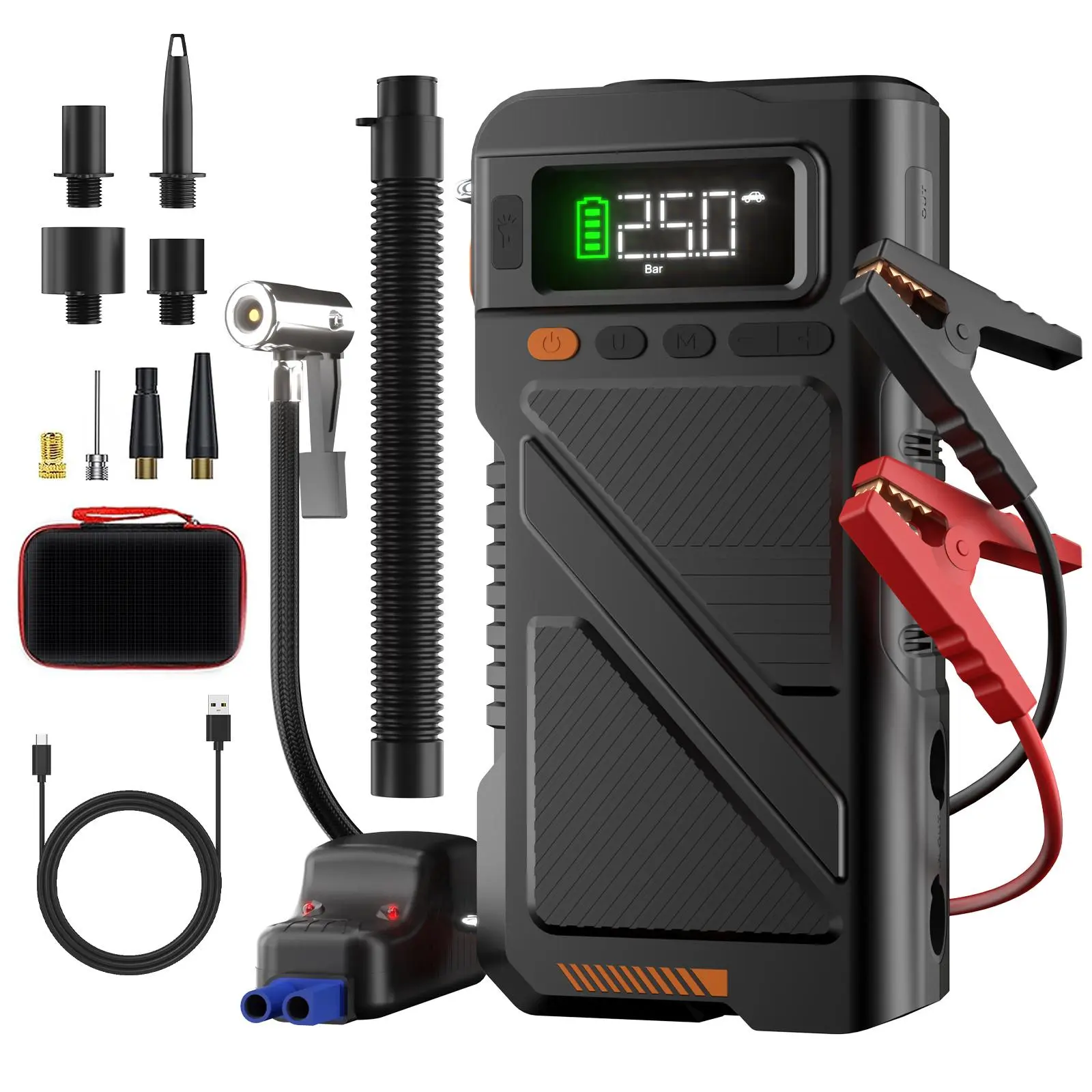 20000mAh Wireless Car Jump Starter - 12V Automotive Tool with 150PSI Inflatable Air Compressor, Safe Clamps, LED Emergency Lights, USB Ports, for 10L Gas Engines, Outdoors Use