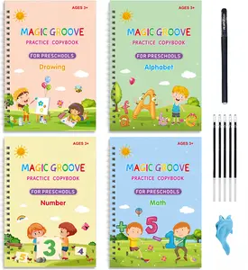 Magic Grooved Writing Practice Copybooks Set With 4 Books Covers Number,Math,Alphabet And Drawing Reusable Kids Ages 3-8,3D Groove Handwriting Practice Workbooks-School & Educational Supplies,Learning Materials