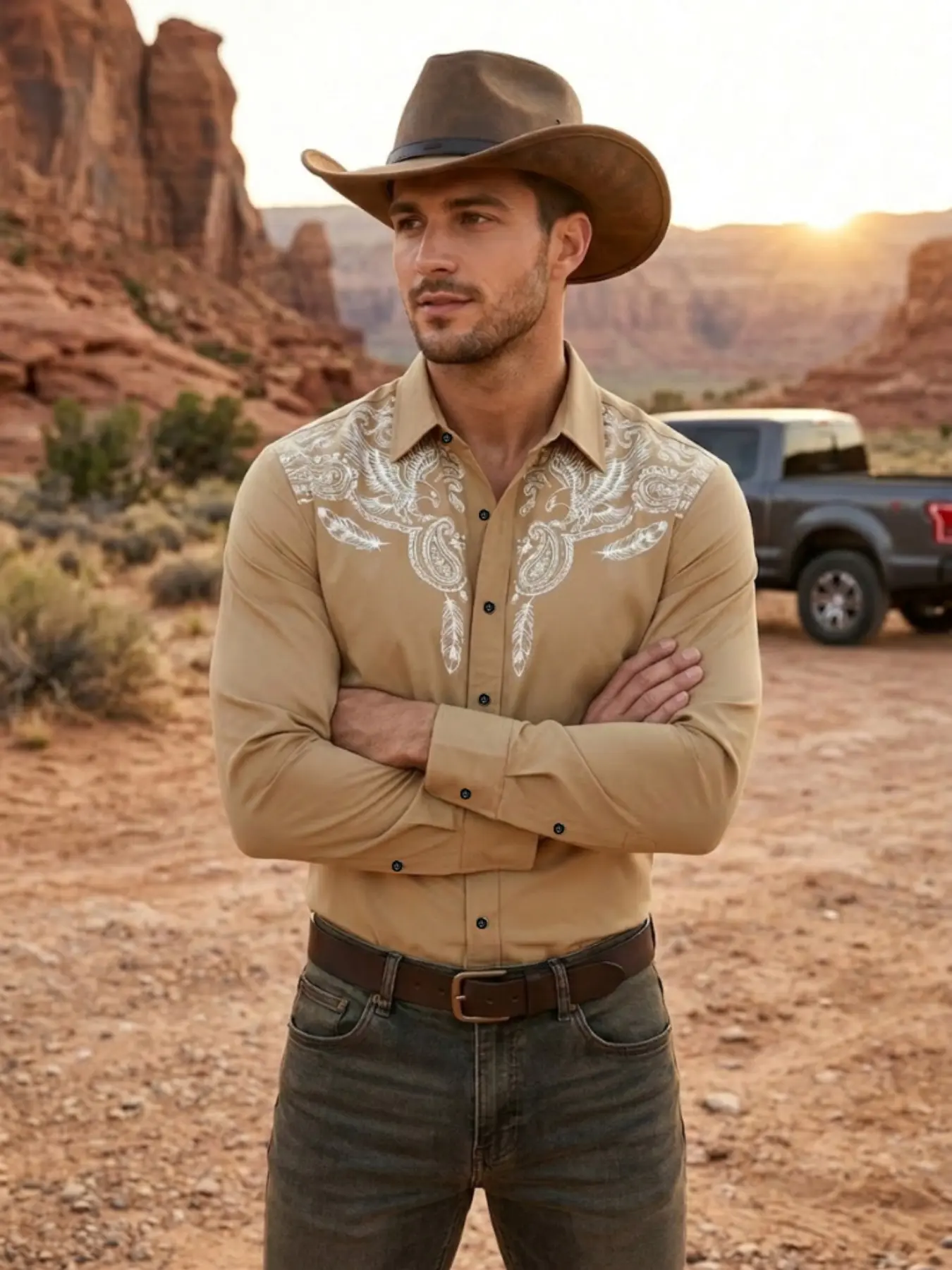 Men's Tan Western Cowboy Shirt | Classic Long Sleeve Button Down | Rodeo, Festival, Country, Casual & Outdoor Style Outfit