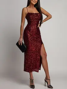 Sparkling Mid-Length Dress with Slit Strapless Back, Lavender Wine Slim Fit Formal Wear Party Gown, Adjustable Shoulder Straps